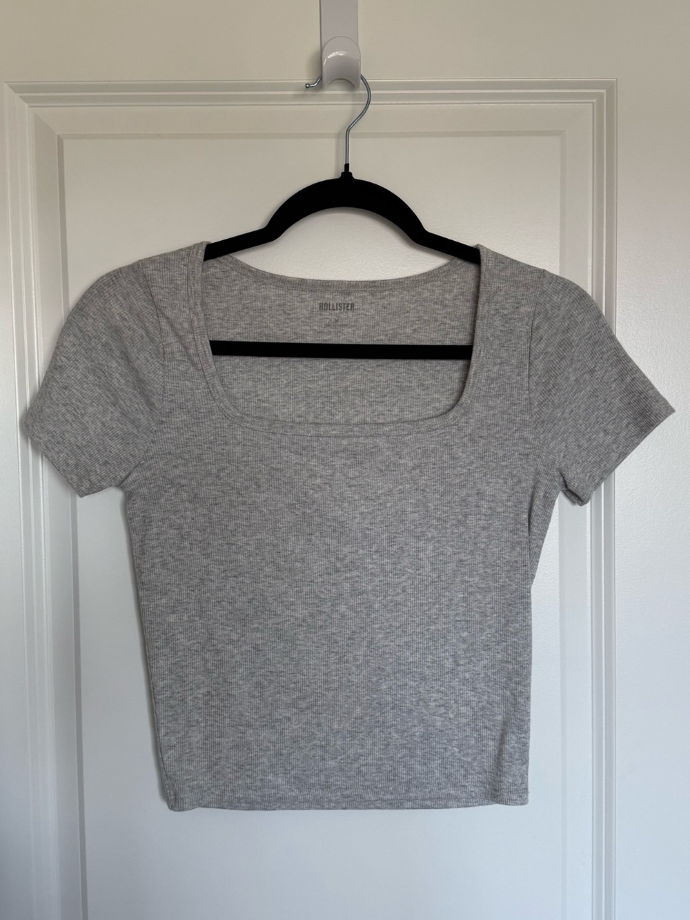Hollister Light Grey Ribbed Short Sleeve Square Neck Crop Top